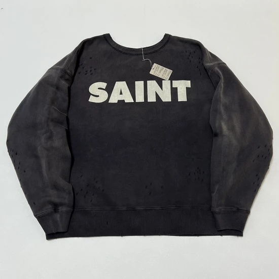 Saint Michael Logo Distressed Crew Neck Sweatshirt チャコール セイント マイケル ロゴ ディストレスド クルーネック スウェットシャツ チャコール