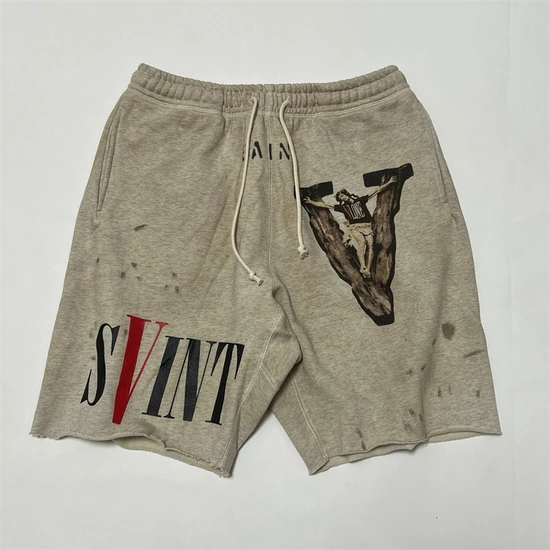Saint Michael Logo Distressed Shorts グレー セイント マイケル ロゴ ディストレスド ショーツ グレー