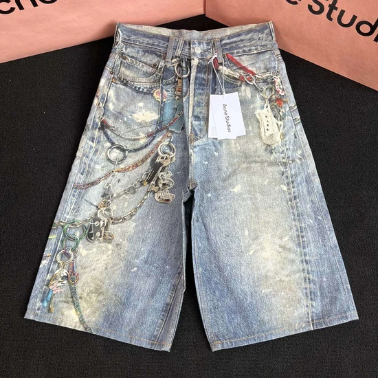 Acne Studios Logo Distressed Paint Splatter Chain Denim Shorts アクネ ストゥディオズ ロゴ ディストレスド ペイント スプラッター チェーン デニム ショーツ